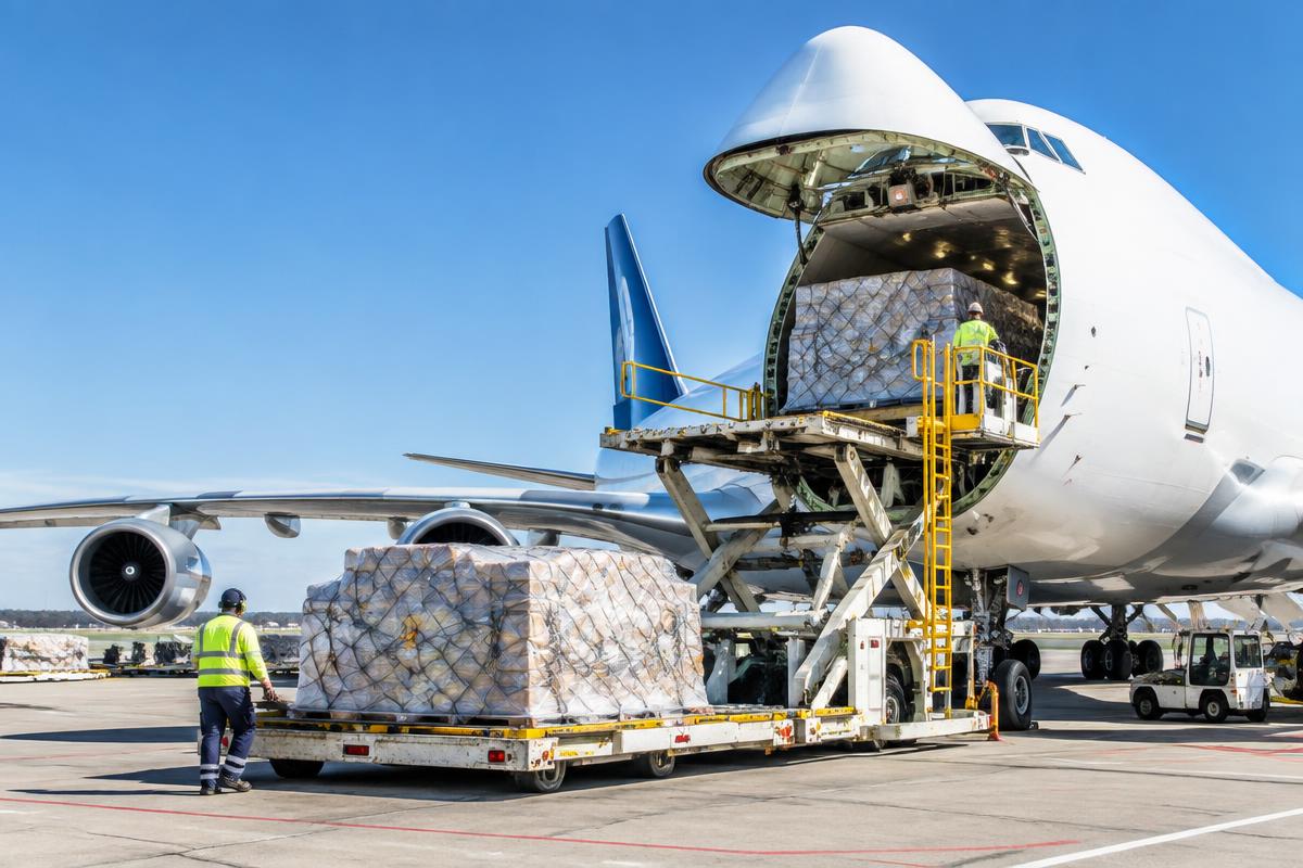 Avión de carga en pista cargando pallets